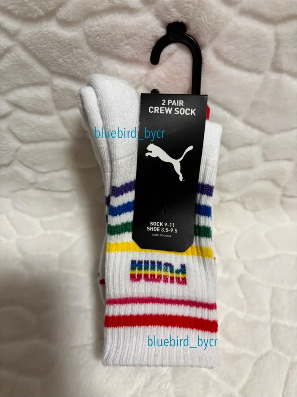 Puma White Crew Socks with Rainbow Stripes - 2 Pair Pride Collection